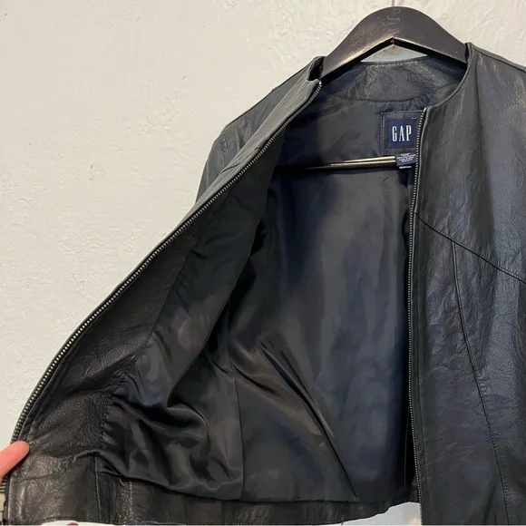 Vintage Gap Small Moto Jacket 100% Genuine Leather Black S Y2K - Picture 6 of 14